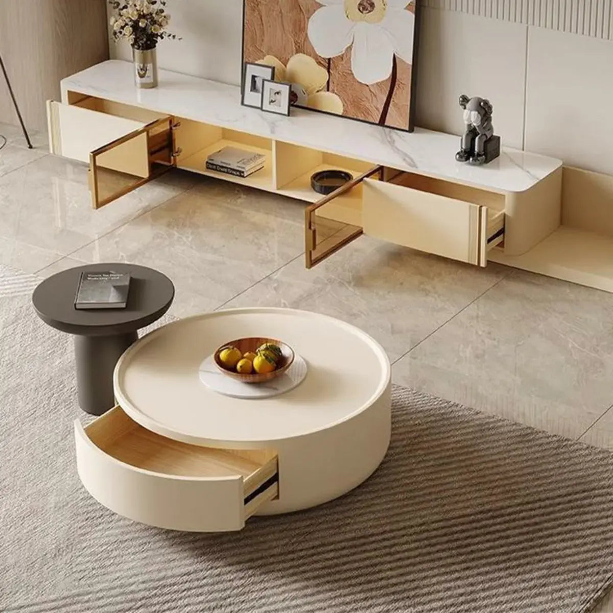Modern White Wood Round Drum Nested Coffee Table