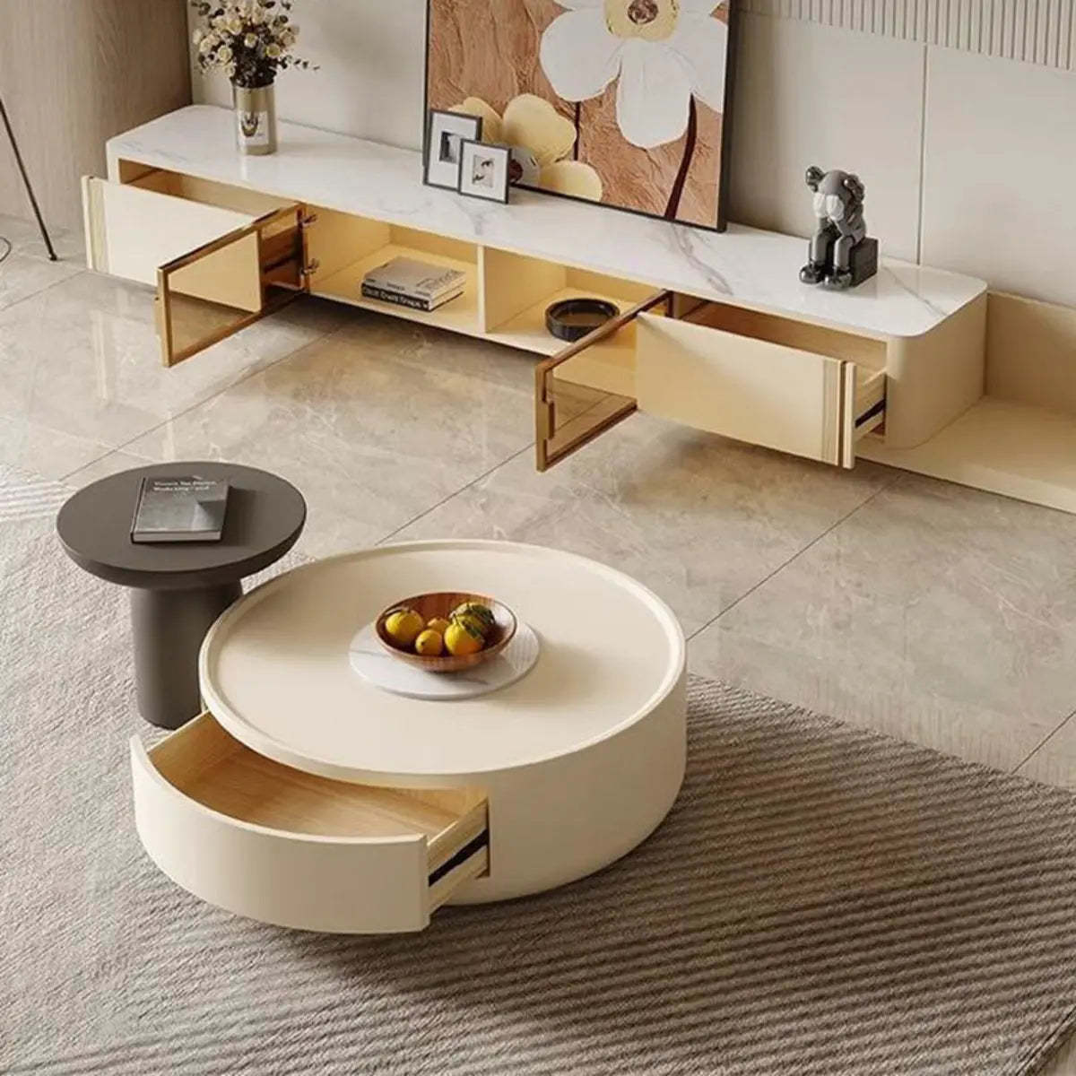 Modern White Wood Round Drum Nested Coffee Table