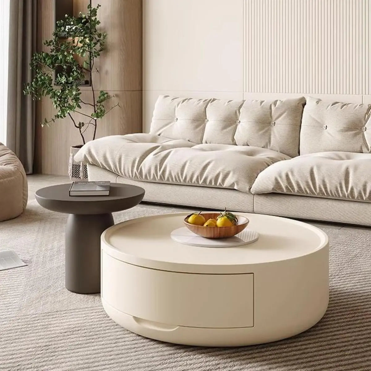 Modern White Wood Round Drum Nested Coffee Table