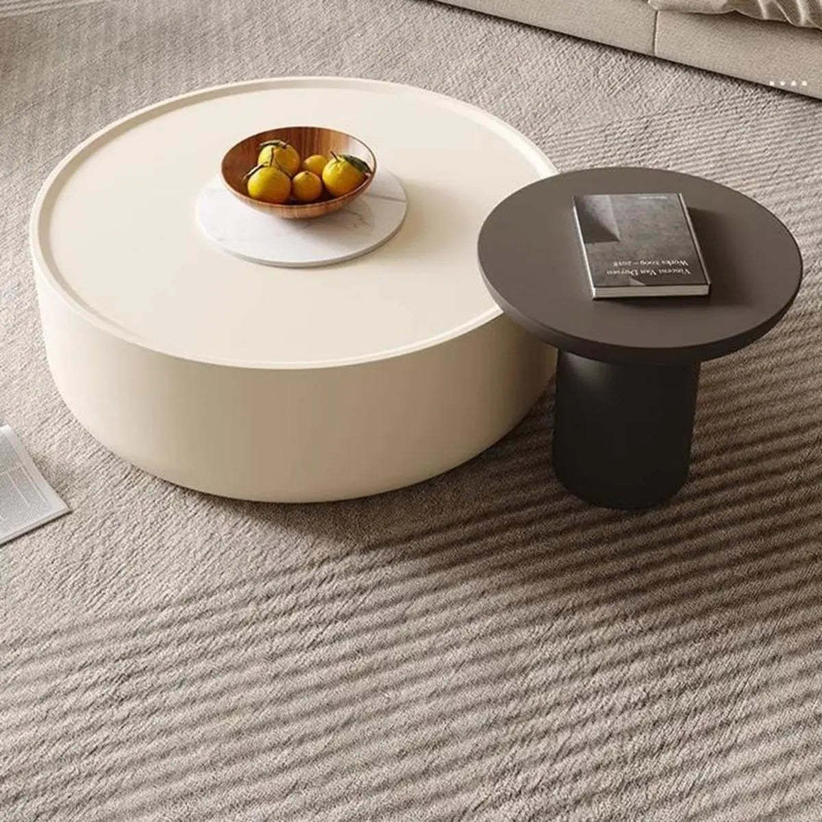 Modern White Wood Round Drum Nested Coffee Table