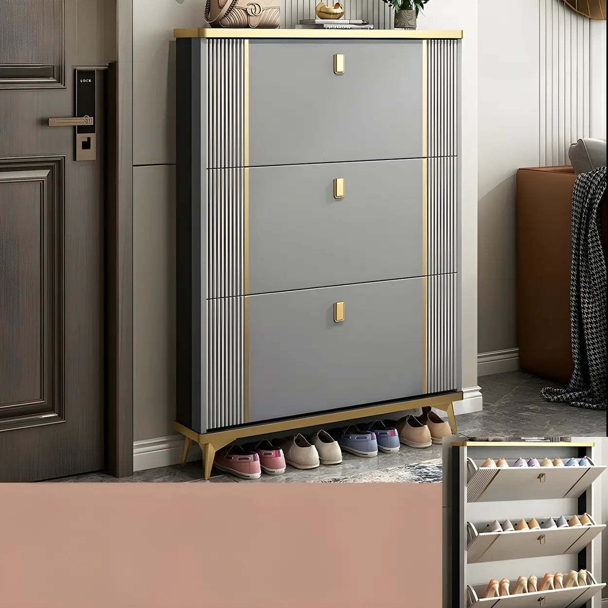 Drop-Front Shoe Storage Cabinet — Grey