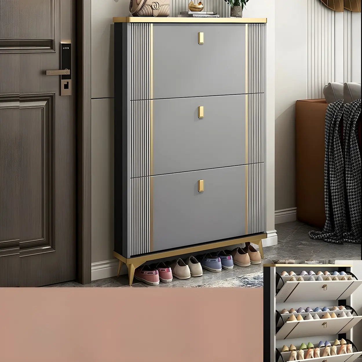 Drop-Front Shoe Storage Cabinet — Grey