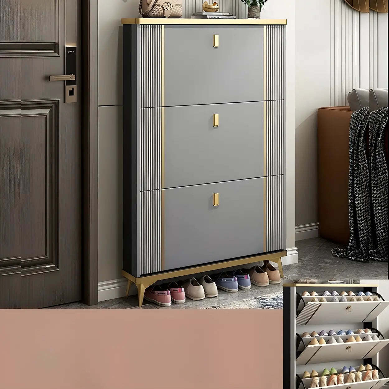 Drop-Front Shoe Storage Cabinet — Grey