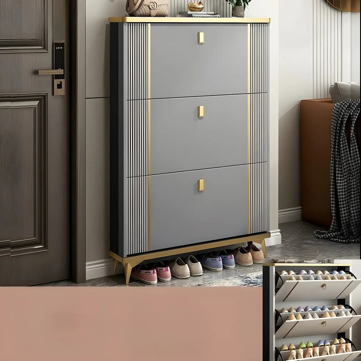Drop-Front Shoe Storage Cabinet — Grey