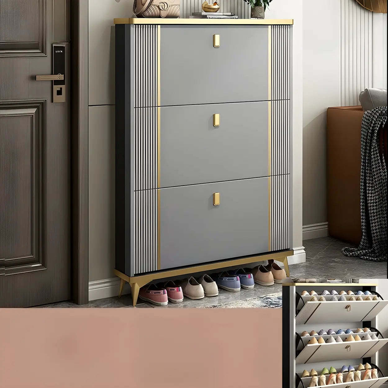 Drop-Front Shoe Storage Cabinet — Grey