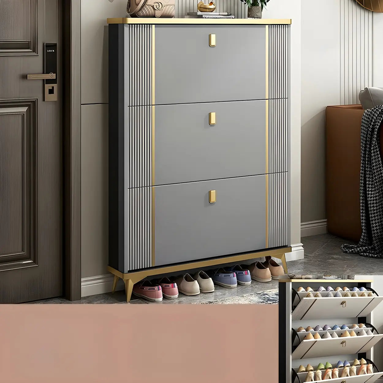 Drop-Front Shoe Storage Cabinet — Grey