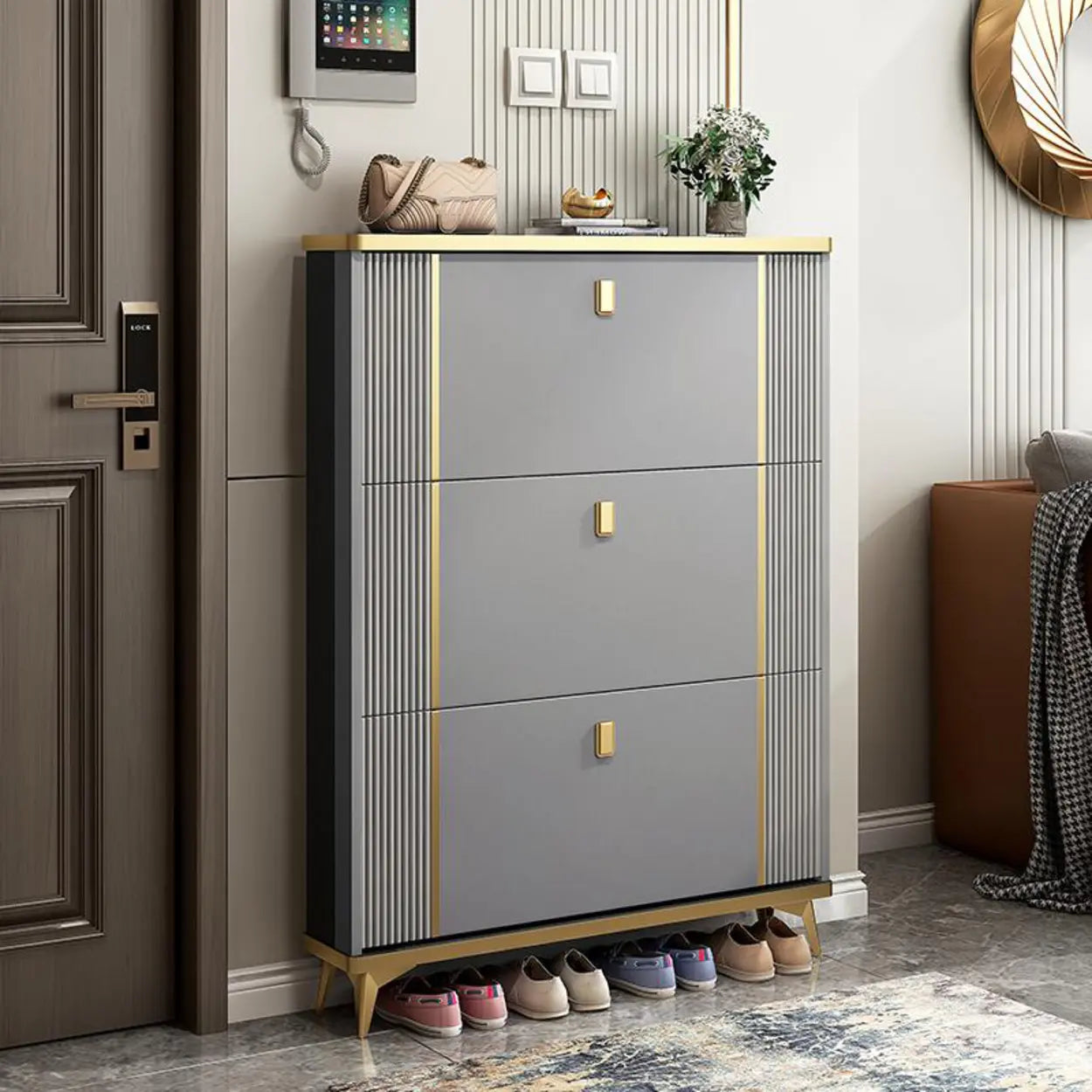 Drop-Front Shoe Storage Cabinet — Grey