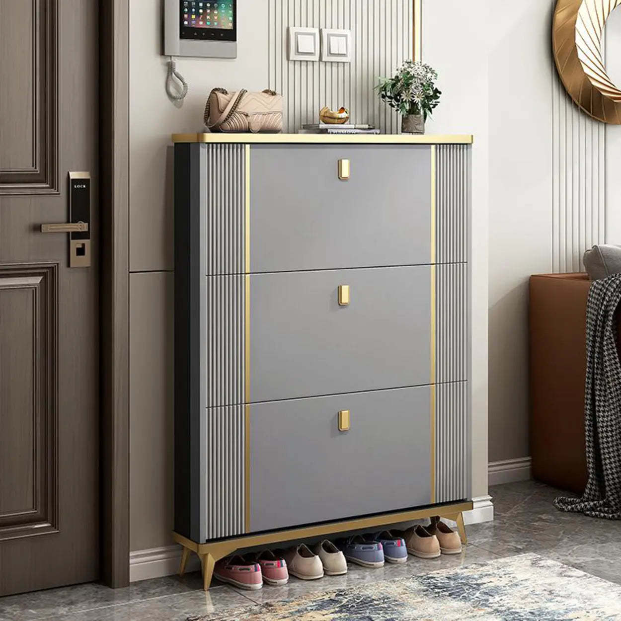 Drop-Front Shoe Storage Cabinet — Grey