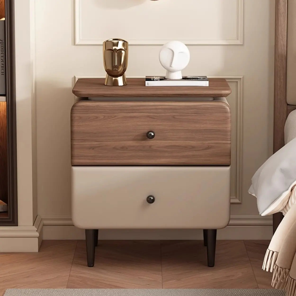 Modern Wood Leather Nightstand with Two Drawers