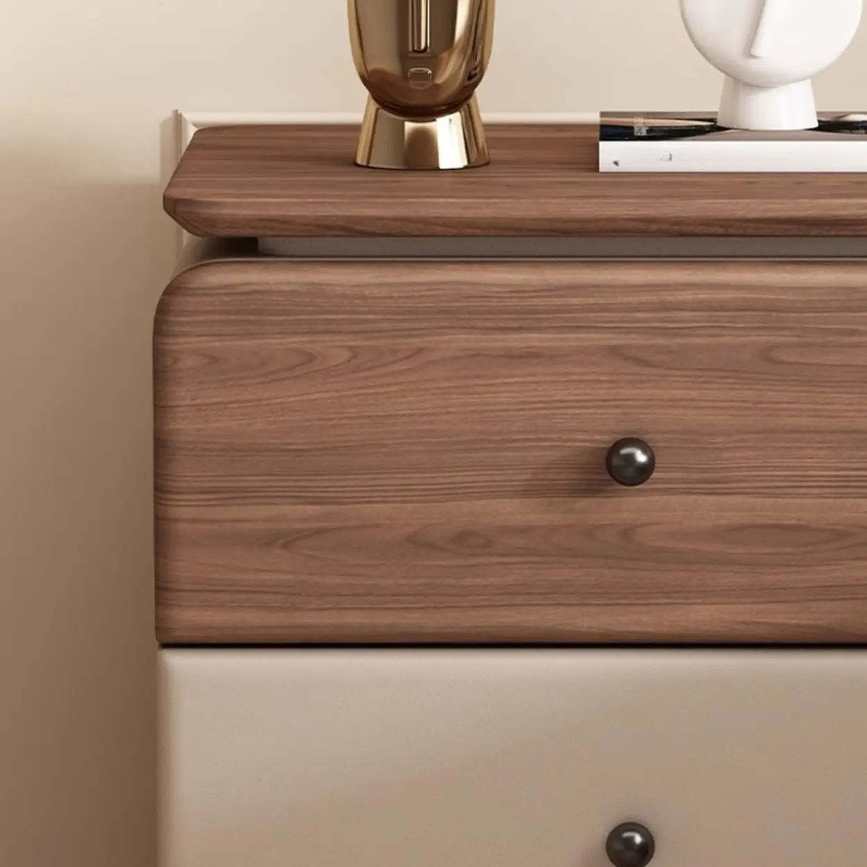 Modern Wood Leather Nightstand with Two Drawers — Walnut/ Beige