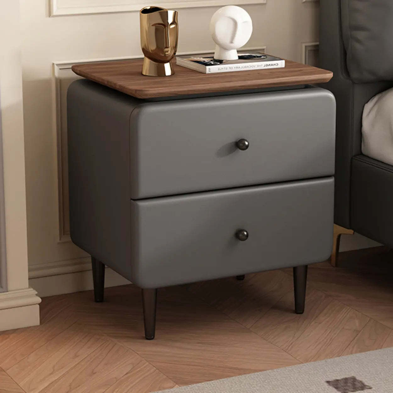 Modern Wood Leather Nightstand with Two Drawers — Walnut/ Beige