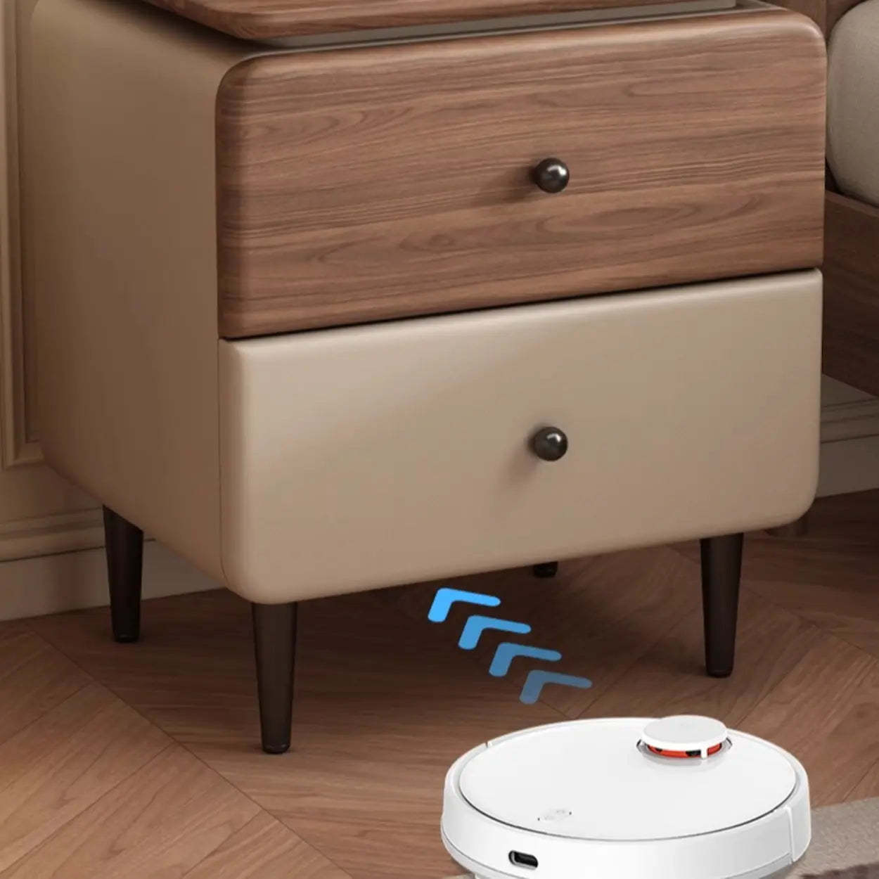 Modern Wood Leather Nightstand with Two Drawers — Dark Gray