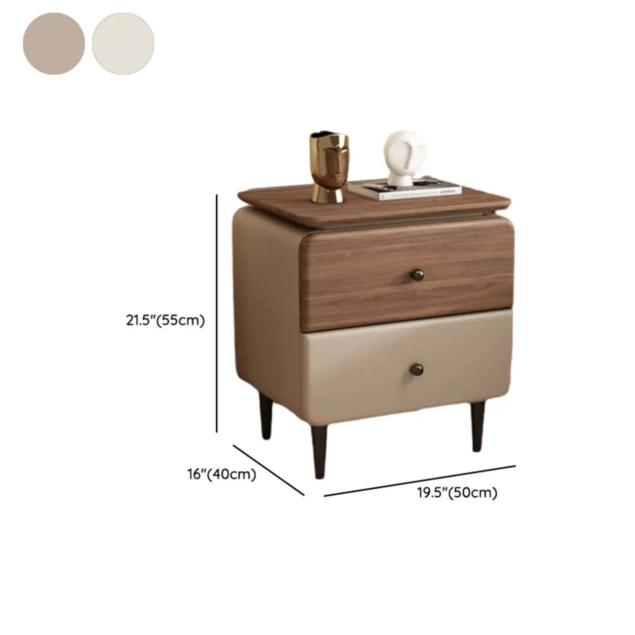 Modern Wood Leather Nightstand with Two Drawers — Light Gray