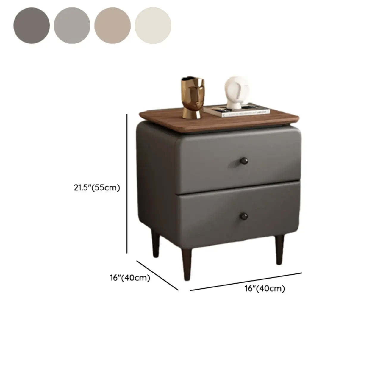Modern Wood Leather Nightstand with Two Drawers — Light Gray