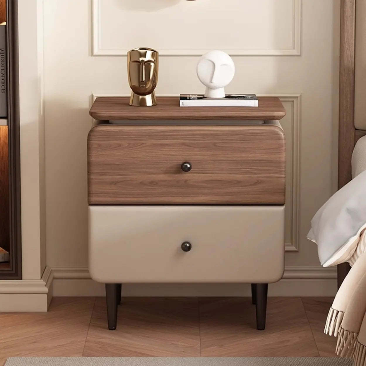 Modern Wood Leather Nightstand with Two Drawers — Off-White