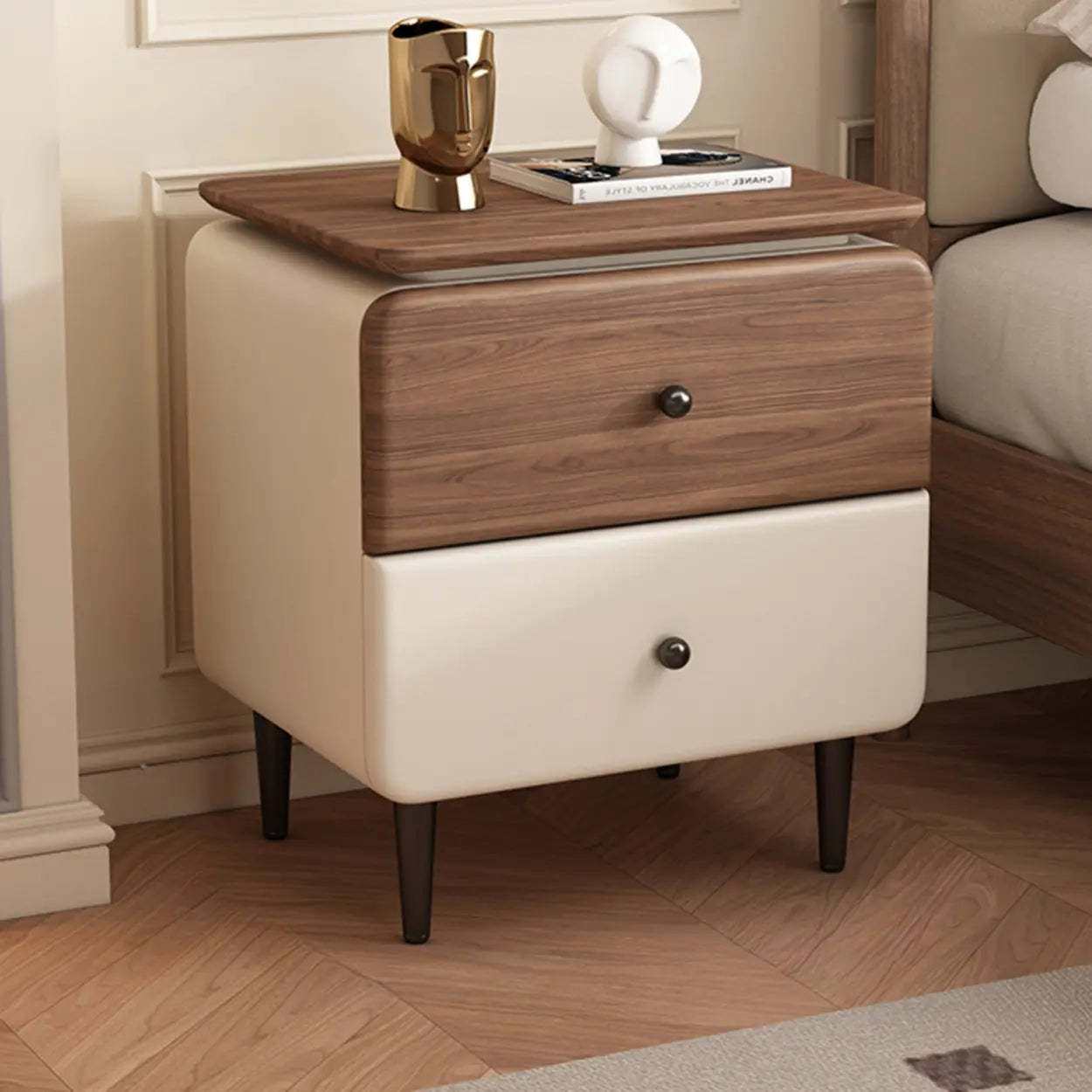 Modern Wood Leather Nightstand with Two Drawers — Off-White