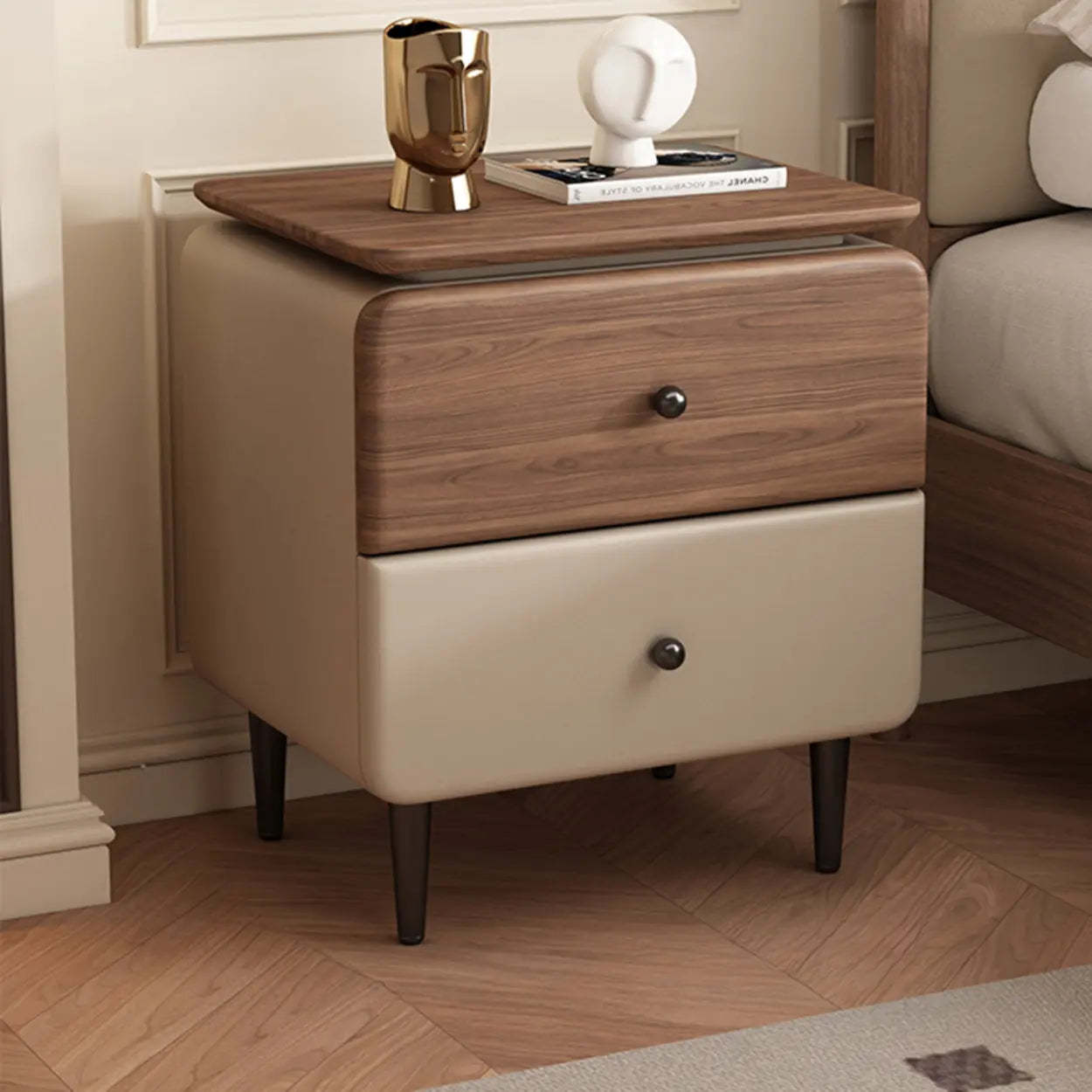 Modern Wood Leather Nightstand with Two Drawers — Off-White