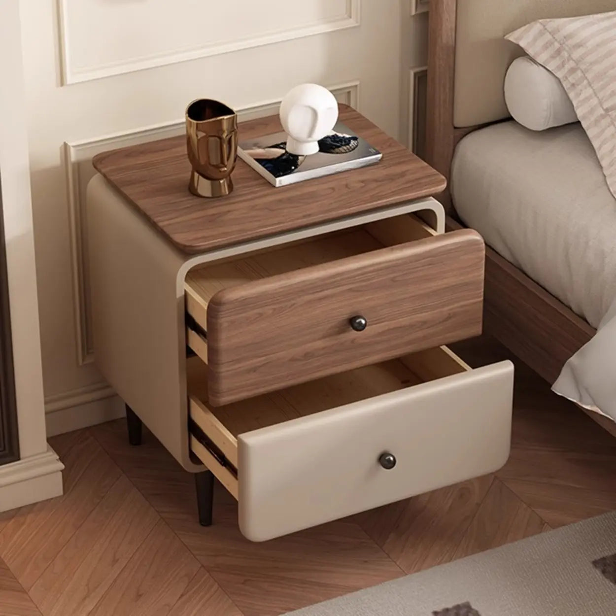Modern Wood Leather Nightstand with Two Drawers — Camel