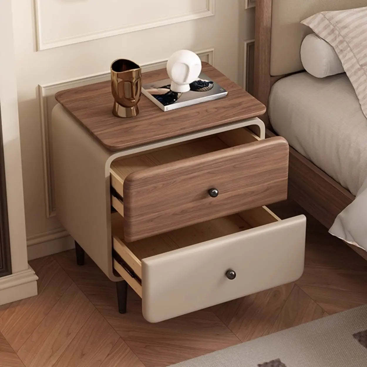Modern Wood Leather Nightstand with Two Drawers — Camel