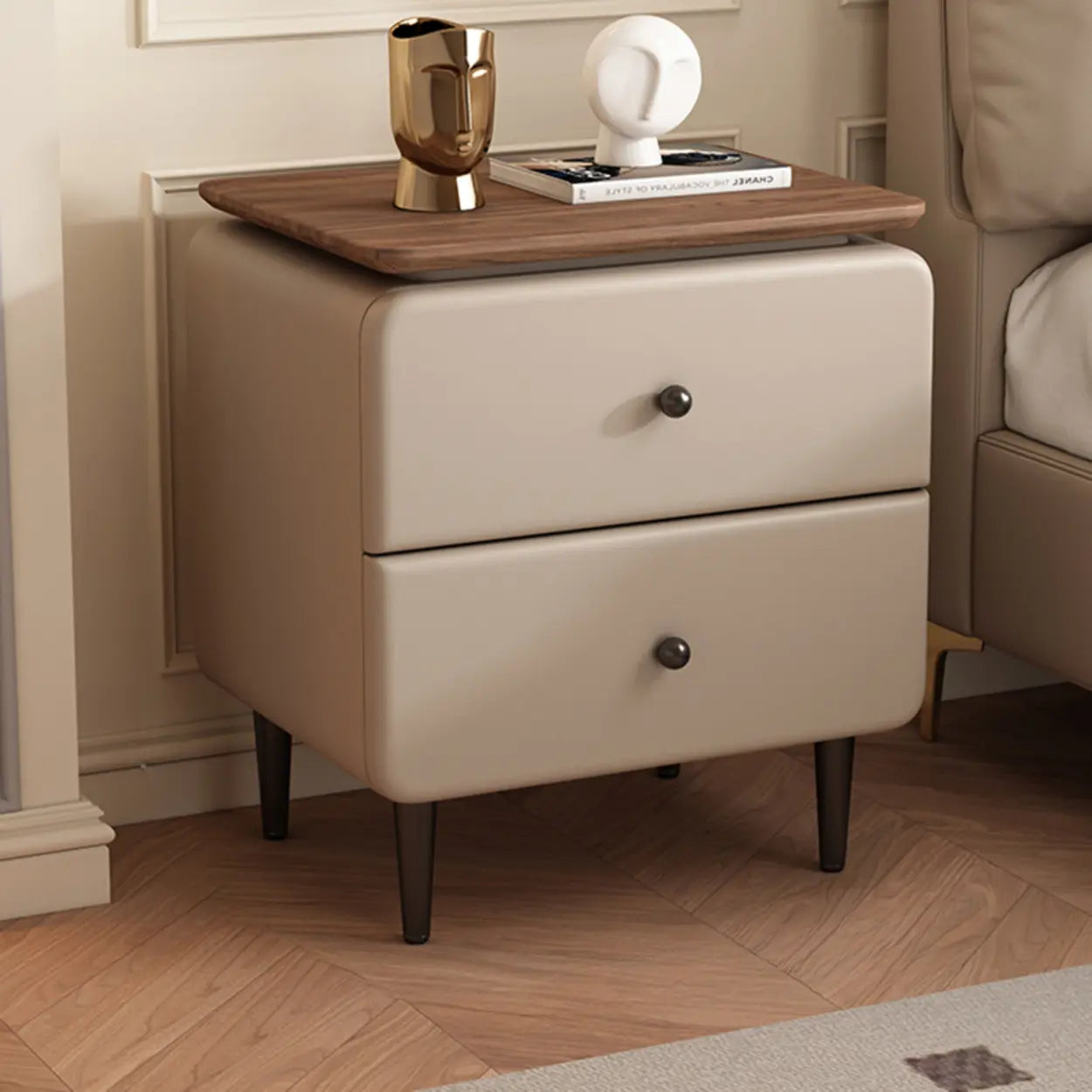 Modern Wood Leather Nightstand with Two Drawers — Camel
