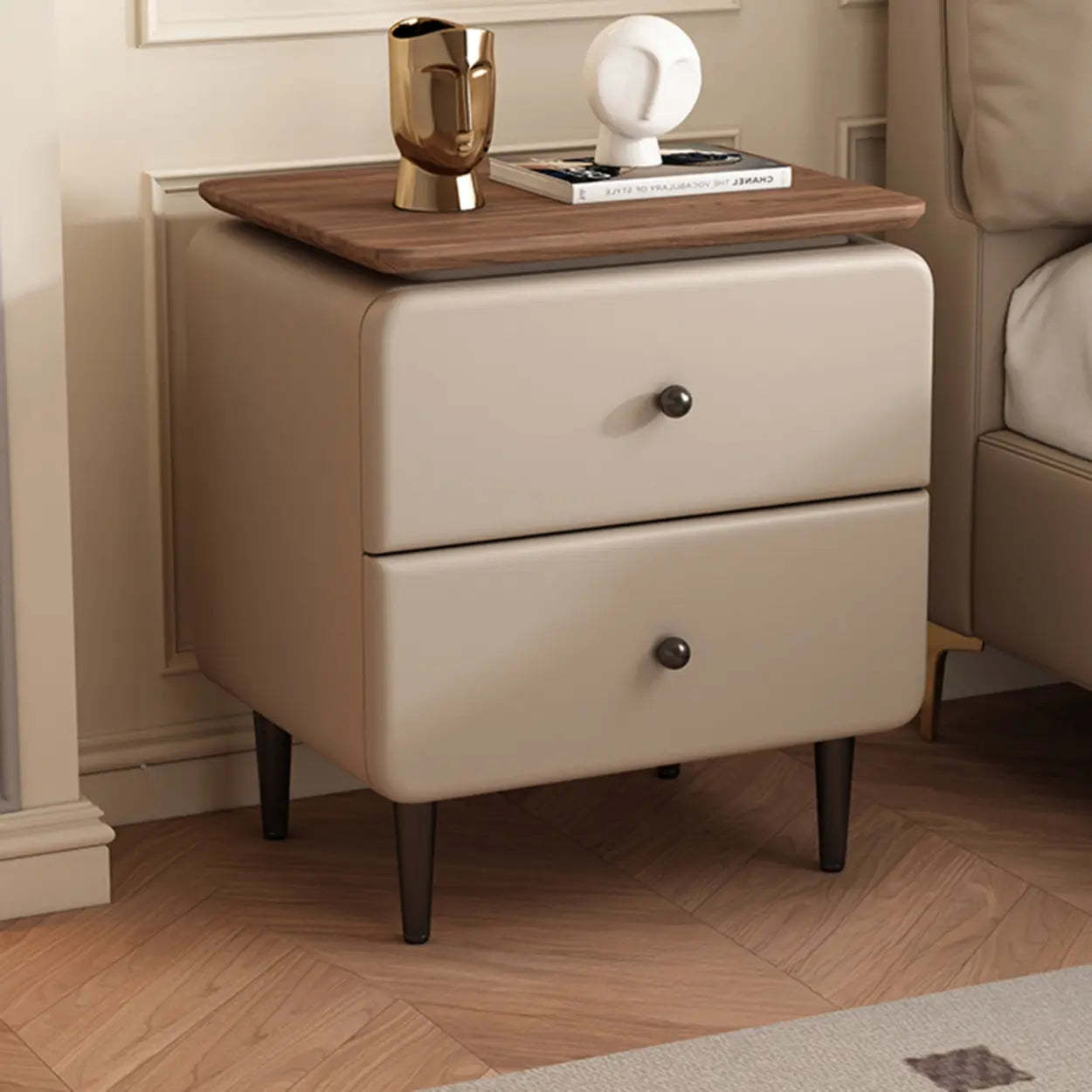 Modern Wood Leather Nightstand with Two Drawers — Camel