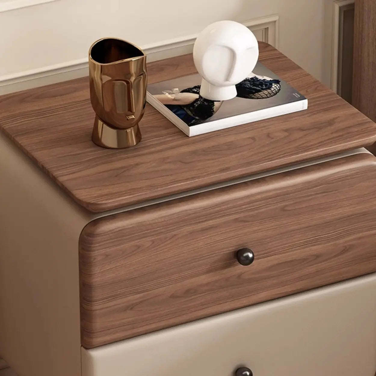 Modern Wood Leather Nightstand with Two Drawers — Camel