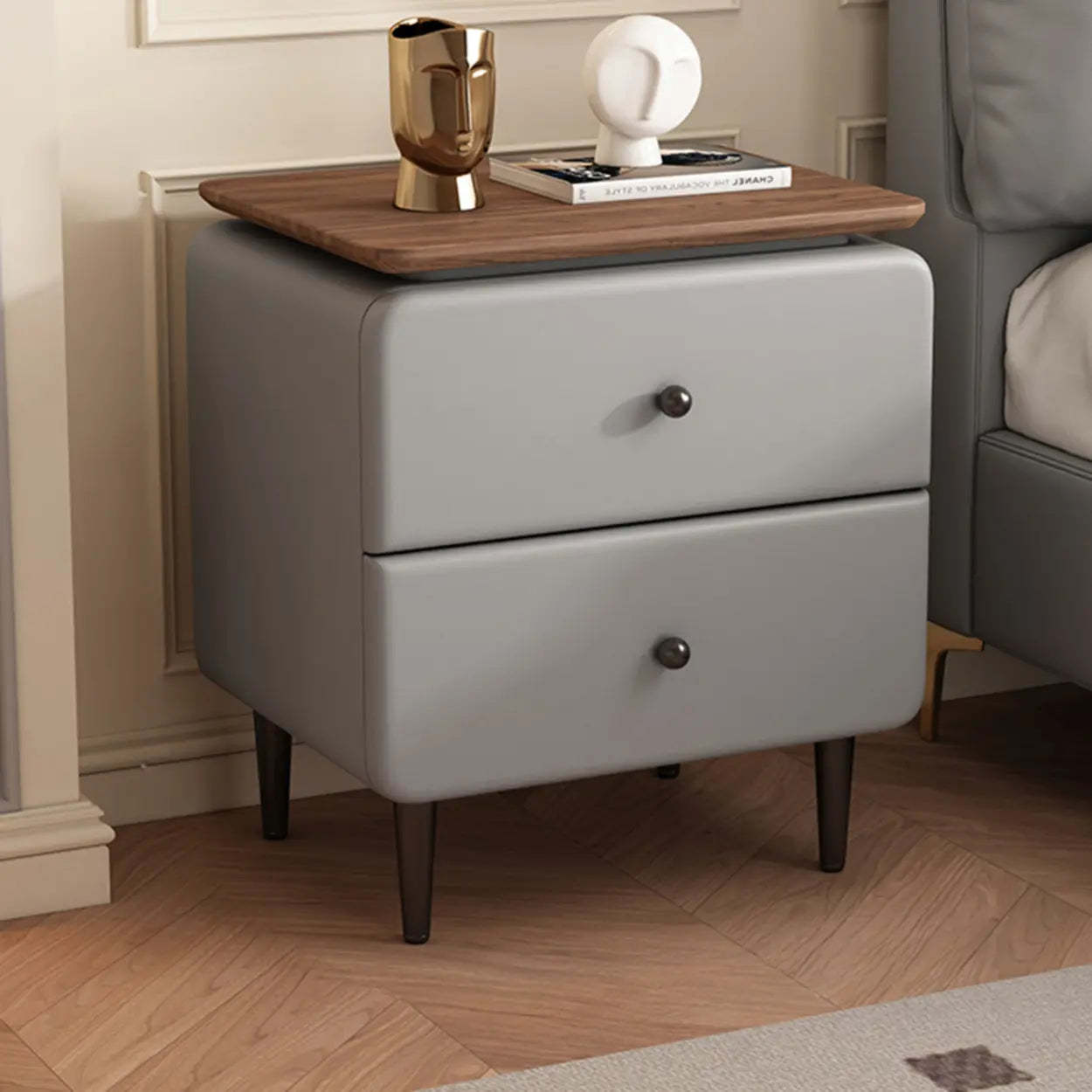 Modern Wood Leather Nightstand with Two Drawers — Khaki/ Walnut