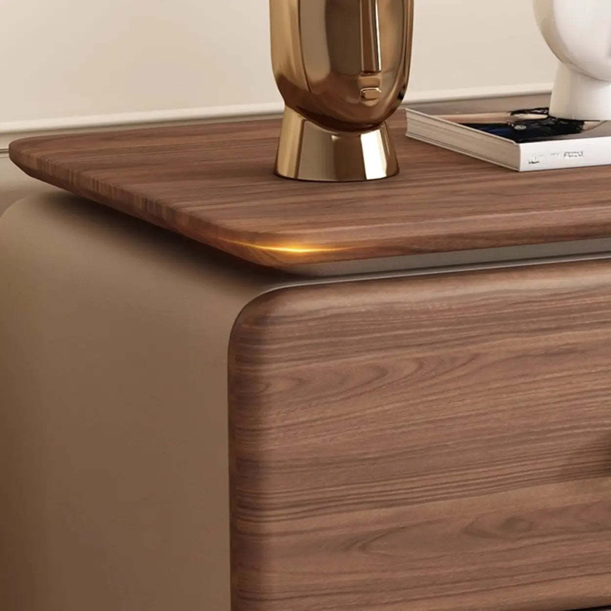 Modern Wood Leather Nightstand with Two Drawers — Khaki/ Walnut