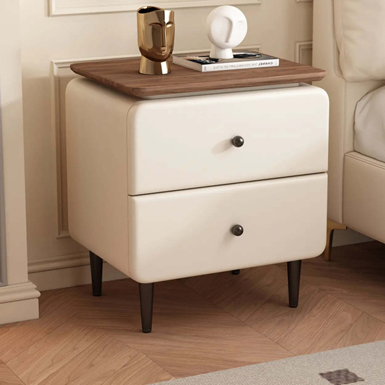 Modern Wood Leather Nightstand with Two Drawers — Khaki/ Walnut
