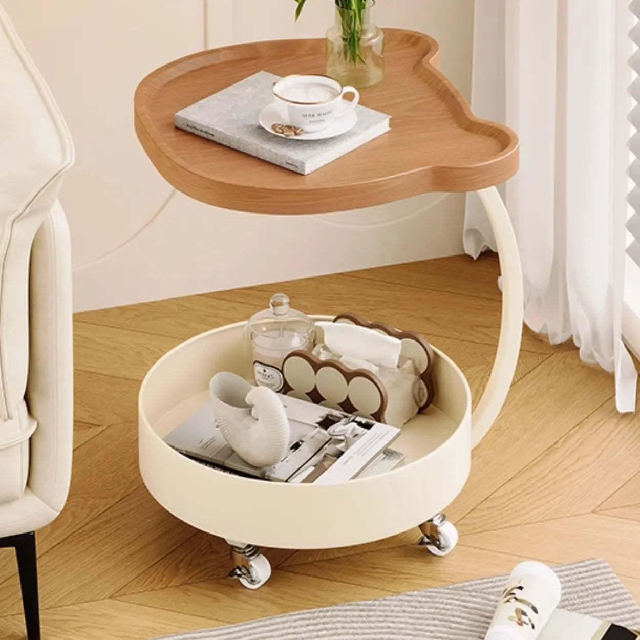Modern Wood Bear Shape Tray Rolling Side Table — Cream / White