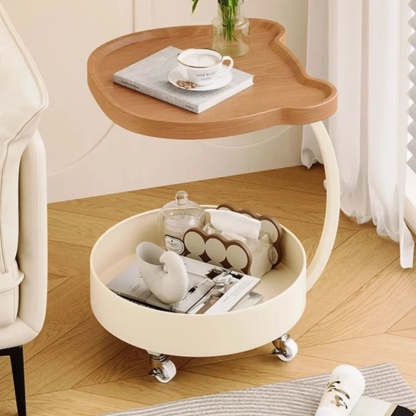 Modern Wood Bear Shape Tray Rolling Side Table — Cream / White