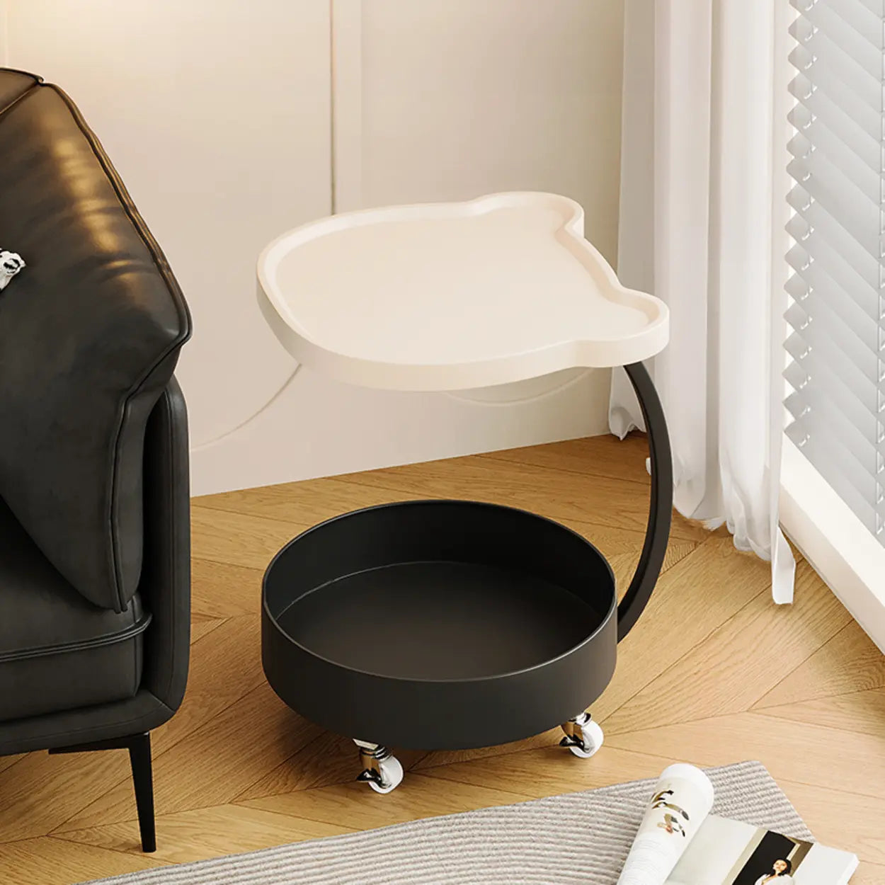 Modern Wood Bear Shape Tray Rolling Side Table — Cream White / Black