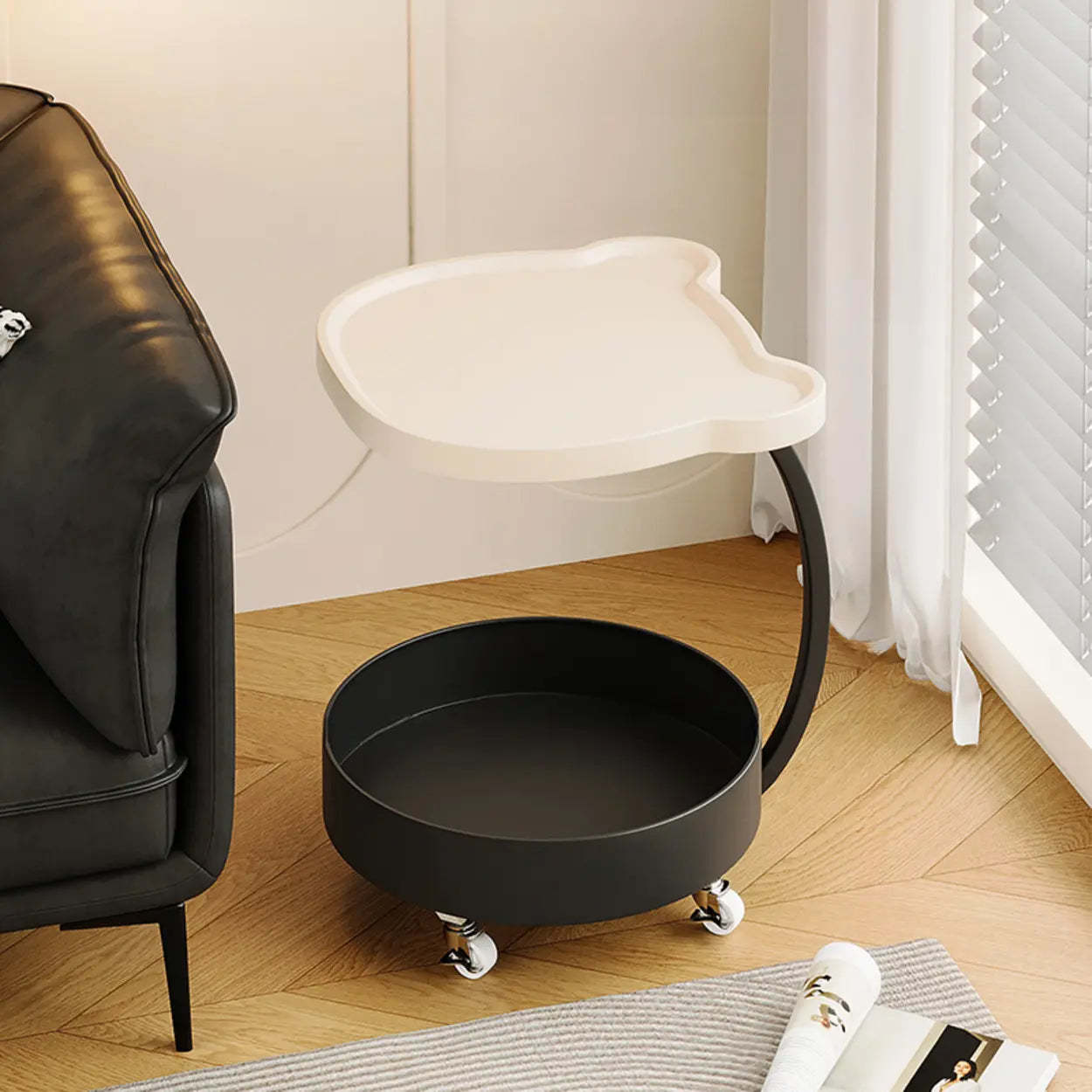 Modern Wood Bear Shape Tray Rolling Side Table — Cream White / Black