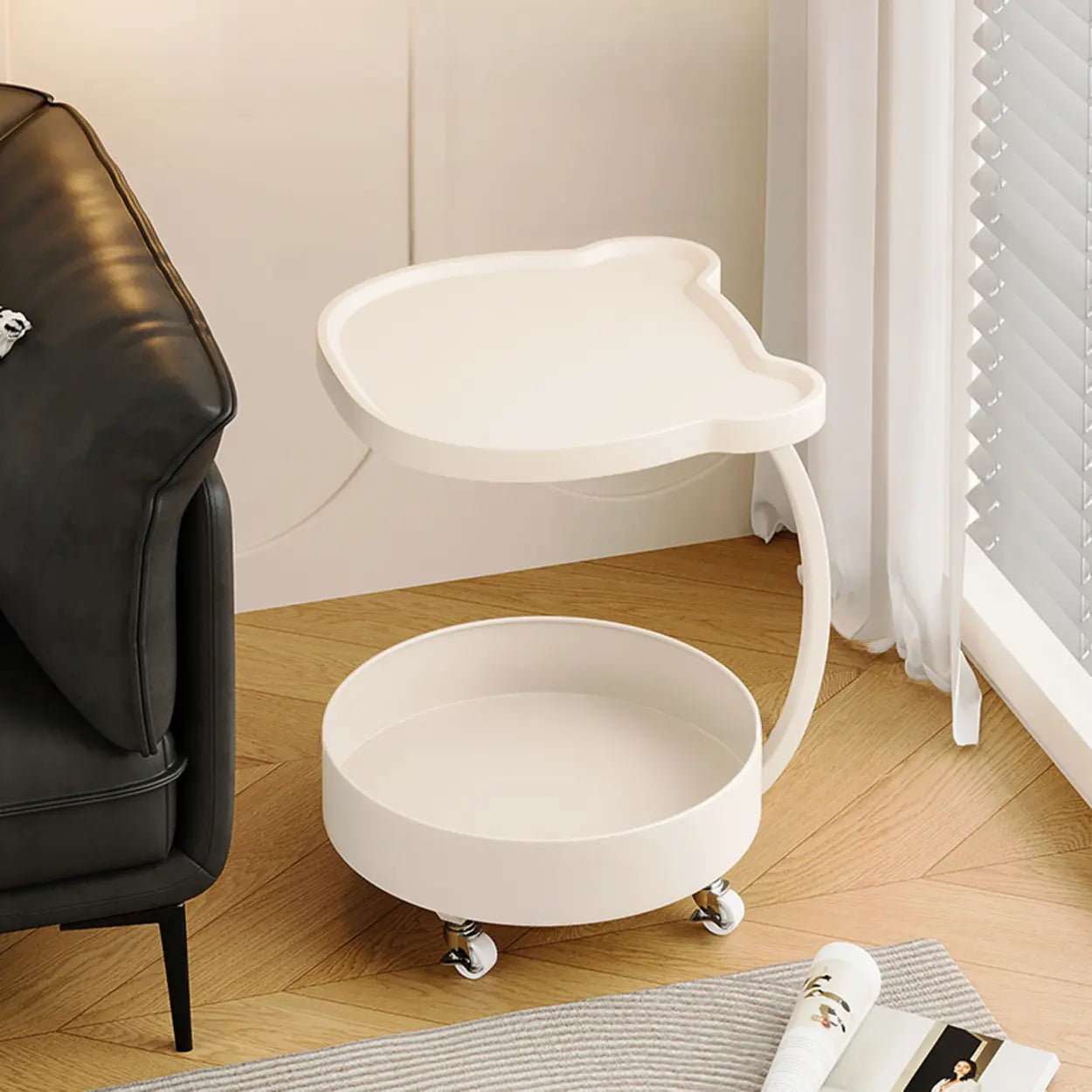 Modern Wood Bear Shape Tray Rolling Side Table — Light Wood / White