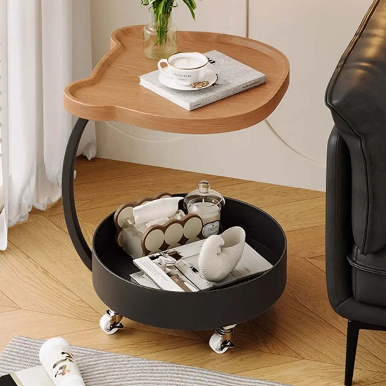 Modern Wood Bear Shape Tray Rolling Side Table — Light Wood / Black