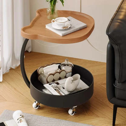 Modern Wood Bear Shape Tray Rolling Side Table — Light Wood / Black