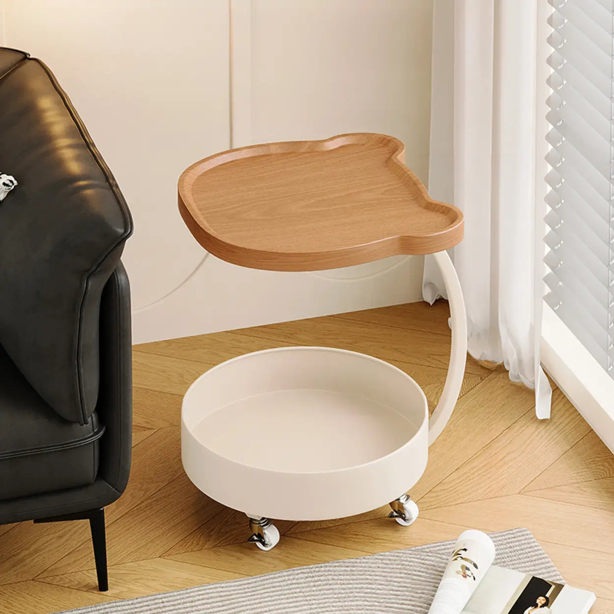 Modern Wood Bear Shape Tray Rolling Side Table