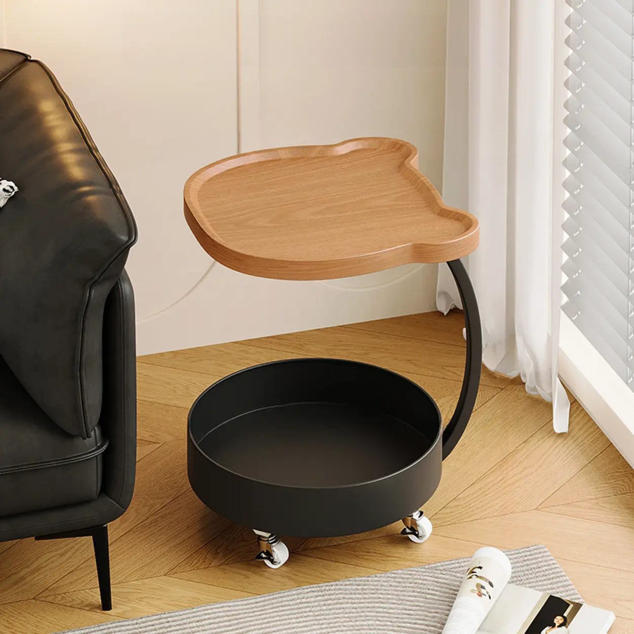 Modern Wood Bear Shape Tray Rolling Side Table
