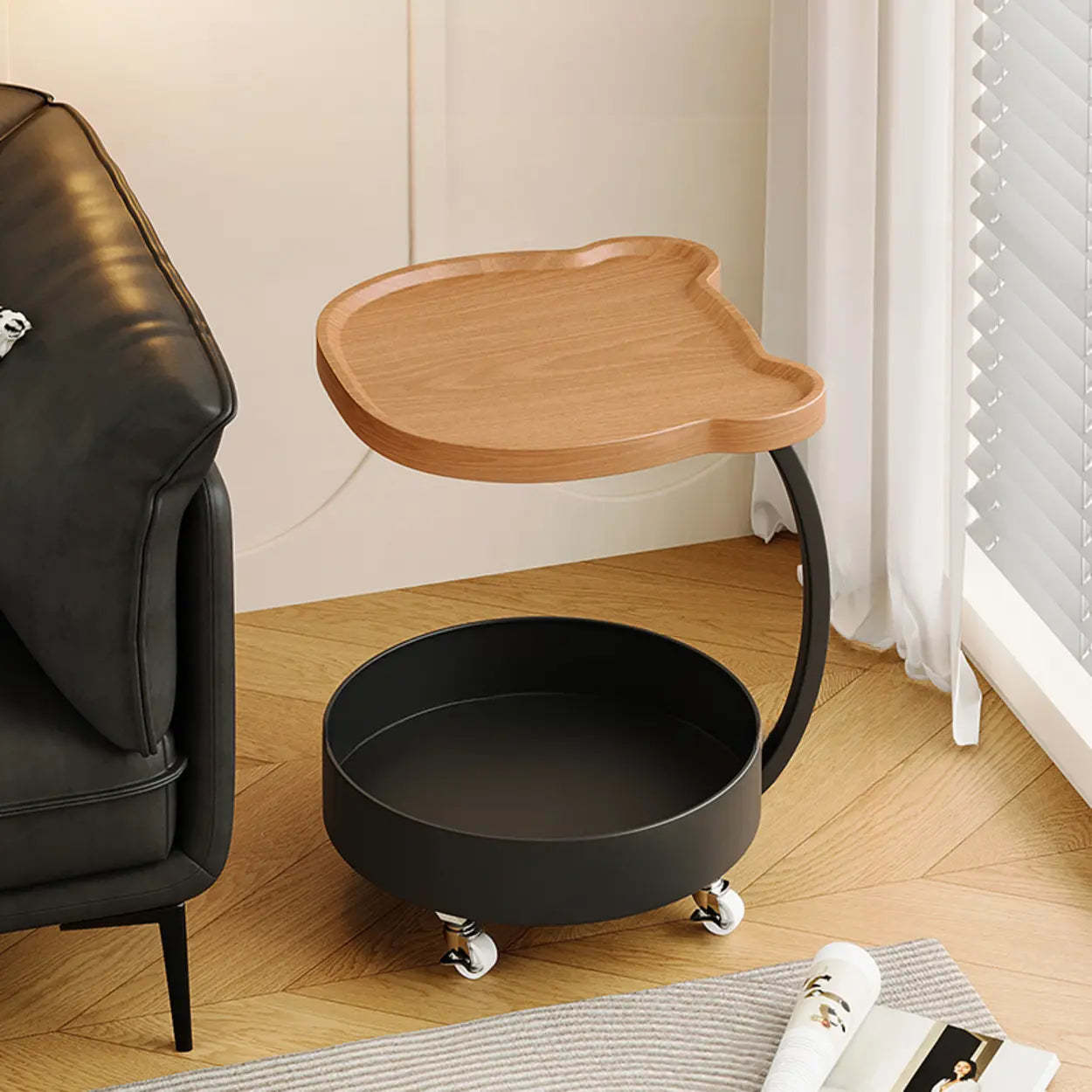 Modern Wood Bear Shape Tray Rolling Side Table