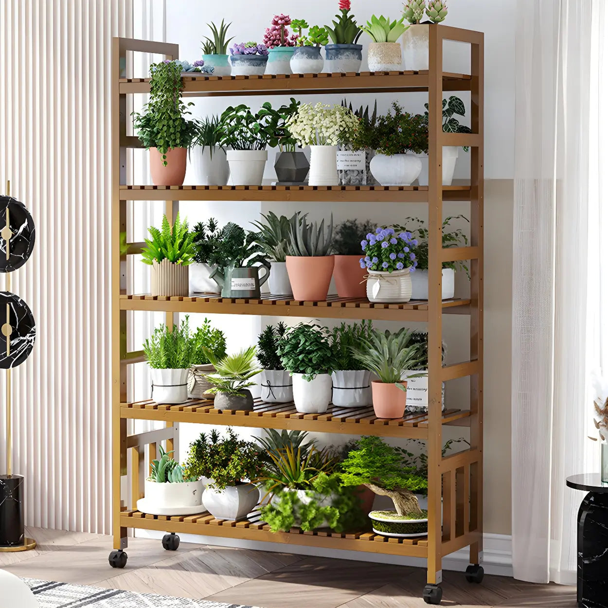 Wood Multi-Tier Plant Stand with Casters