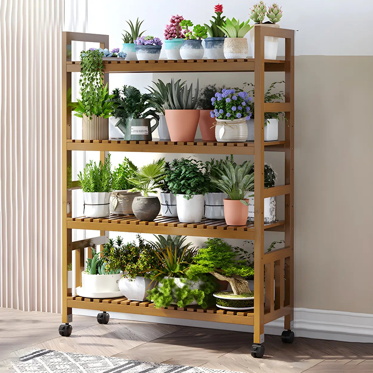 Wood Multi-Tier Plant Stand with Casters — Grey