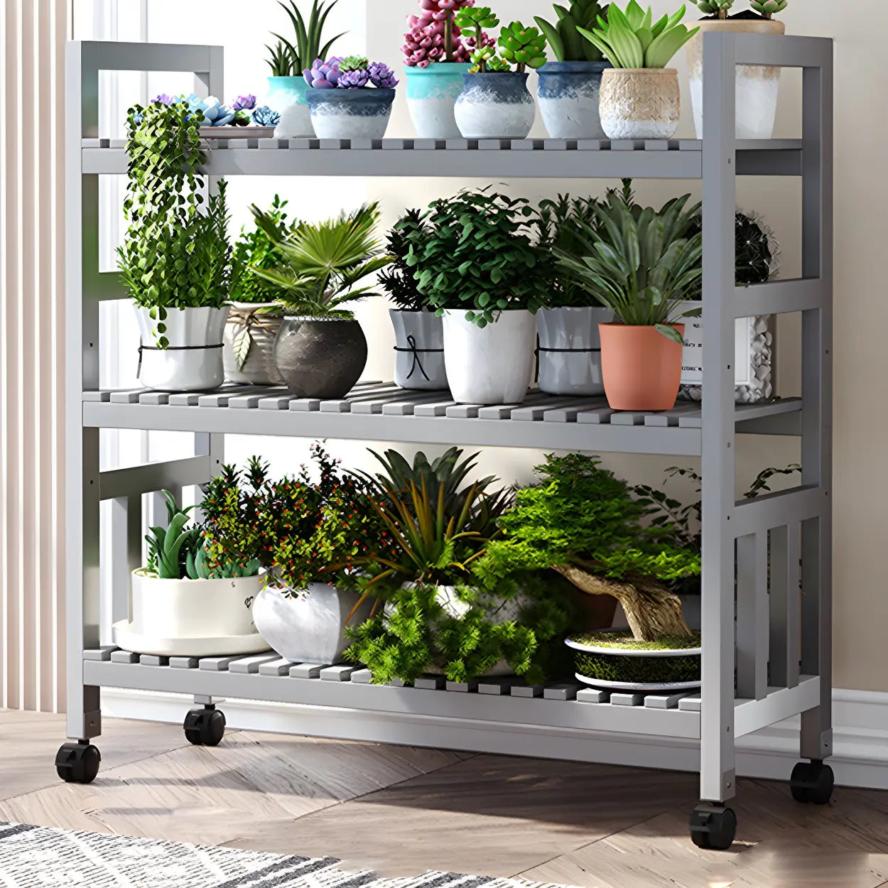 Wood Multi-Tier Plant Stand with Casters