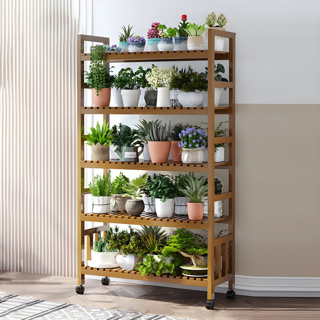 Wood Multi-Tier Plant Stand with Casters