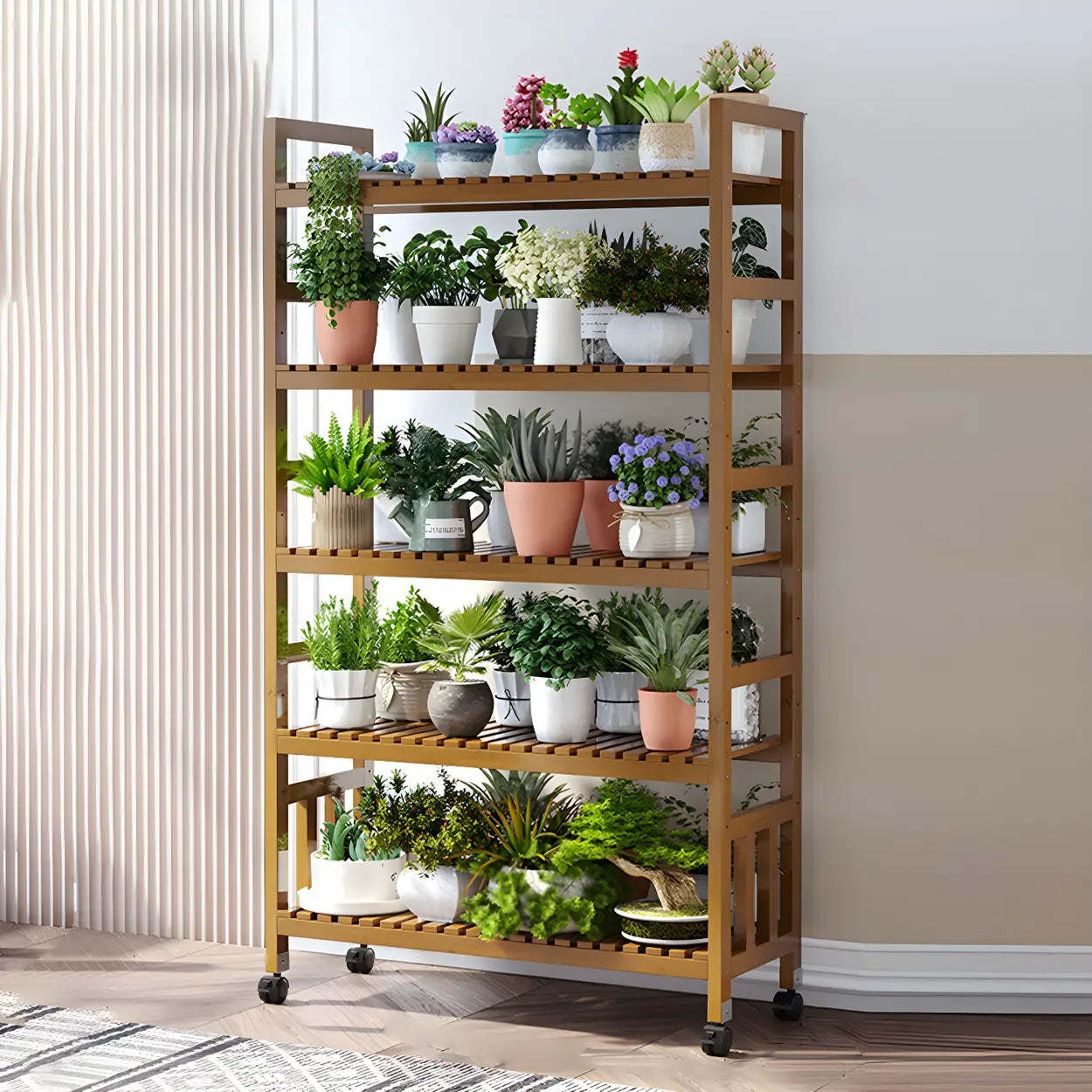 Wood Multi-Tier Plant Stand with Casters