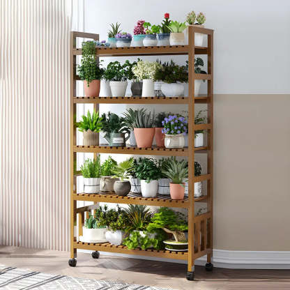 Wood Multi-Tier Plant Stand with Casters