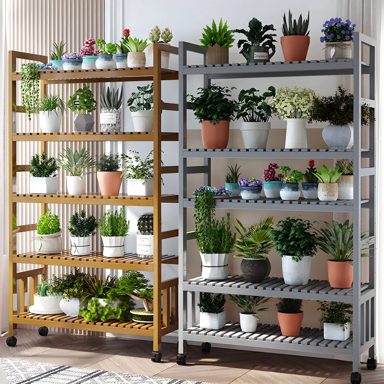 Wood Multi-Tier Plant Stand with Casters — Brown