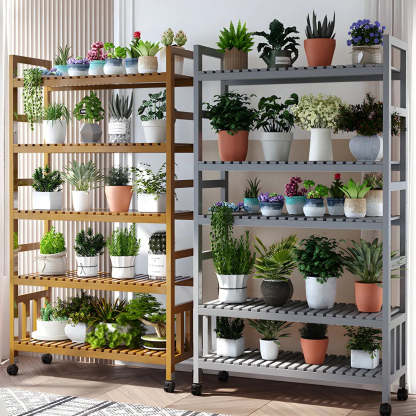 Wood Multi-Tier Plant Stand with Casters — Brown