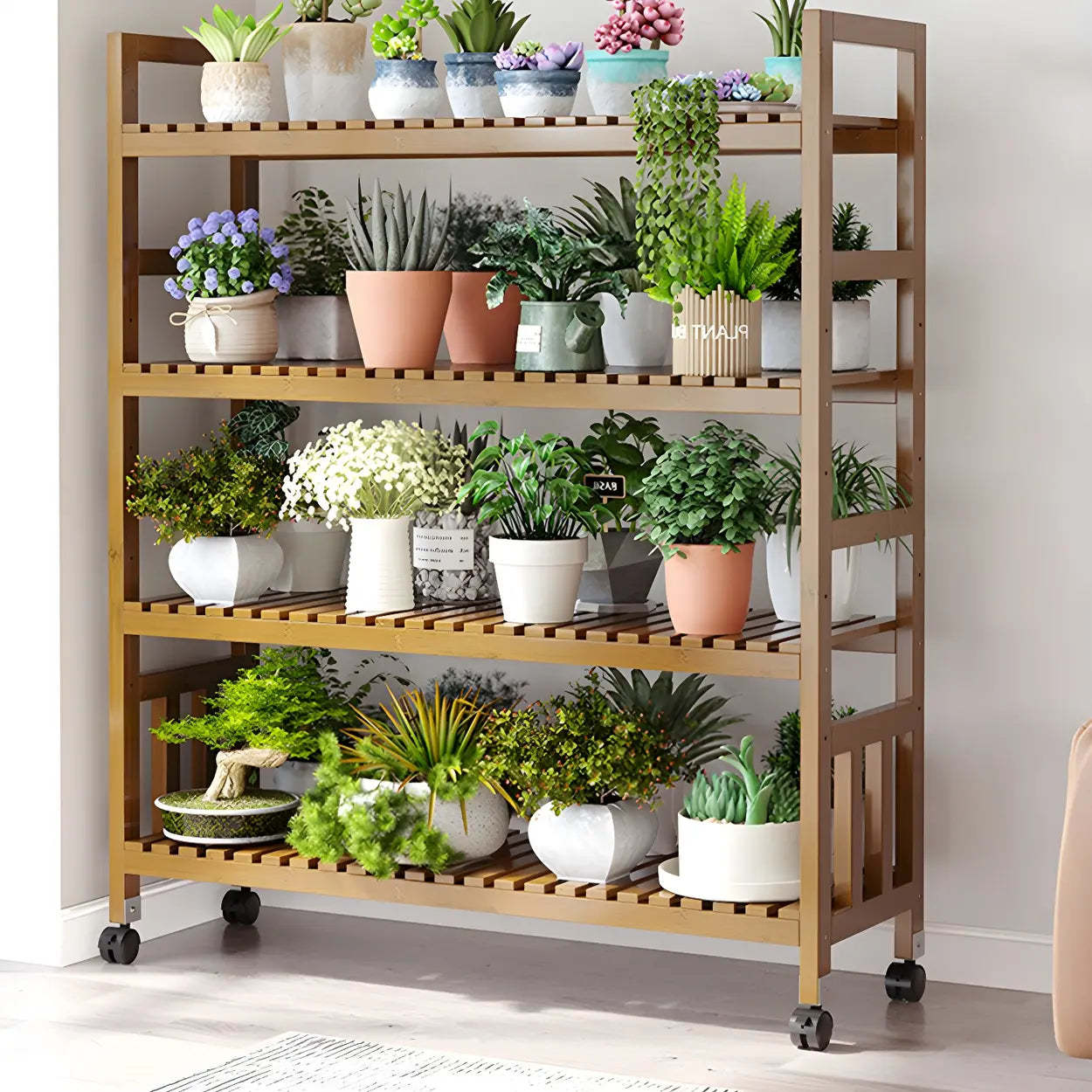 Wood Multi-Tier Plant Stand with Casters