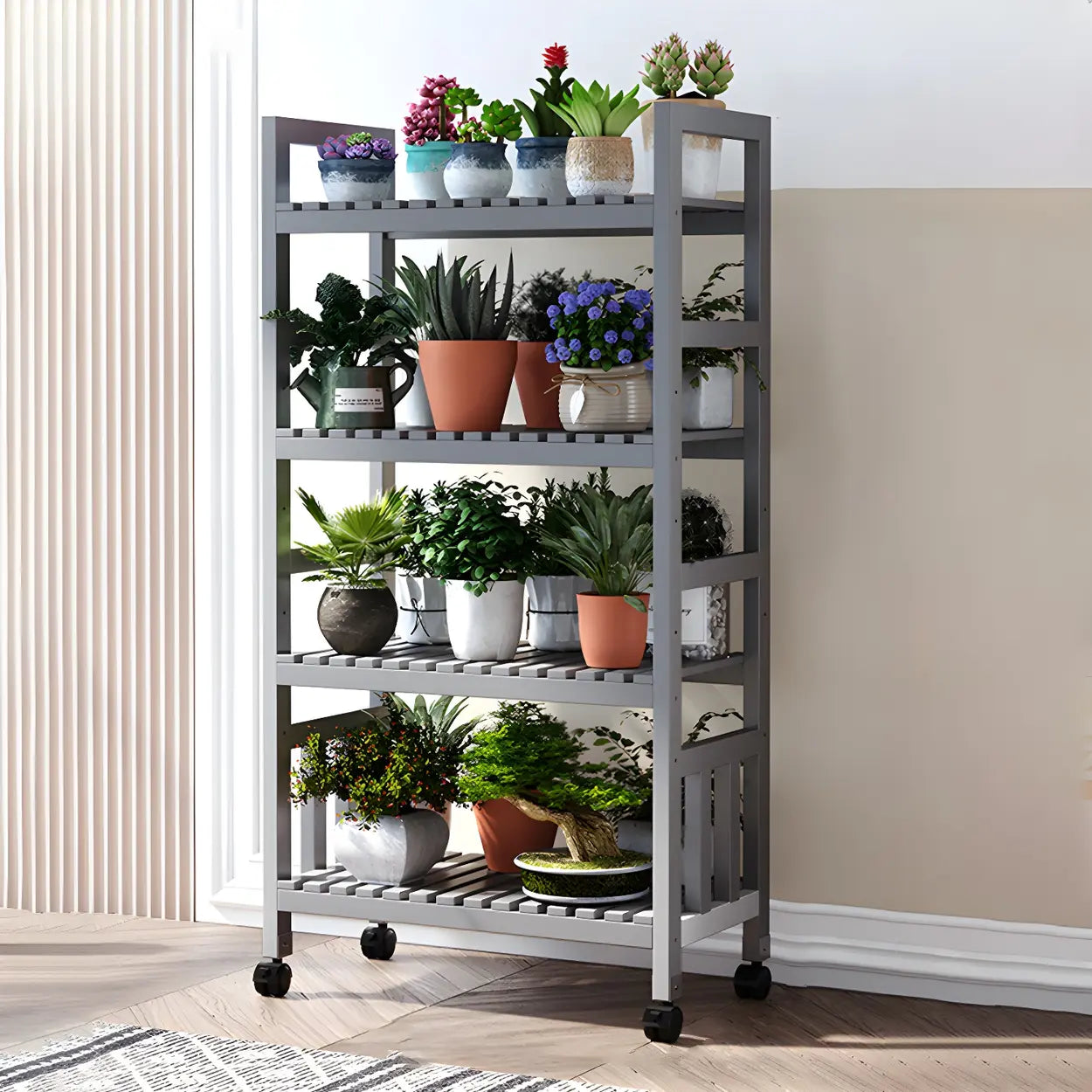 Wood Multi-Tier Plant Stand with Casters — Brown