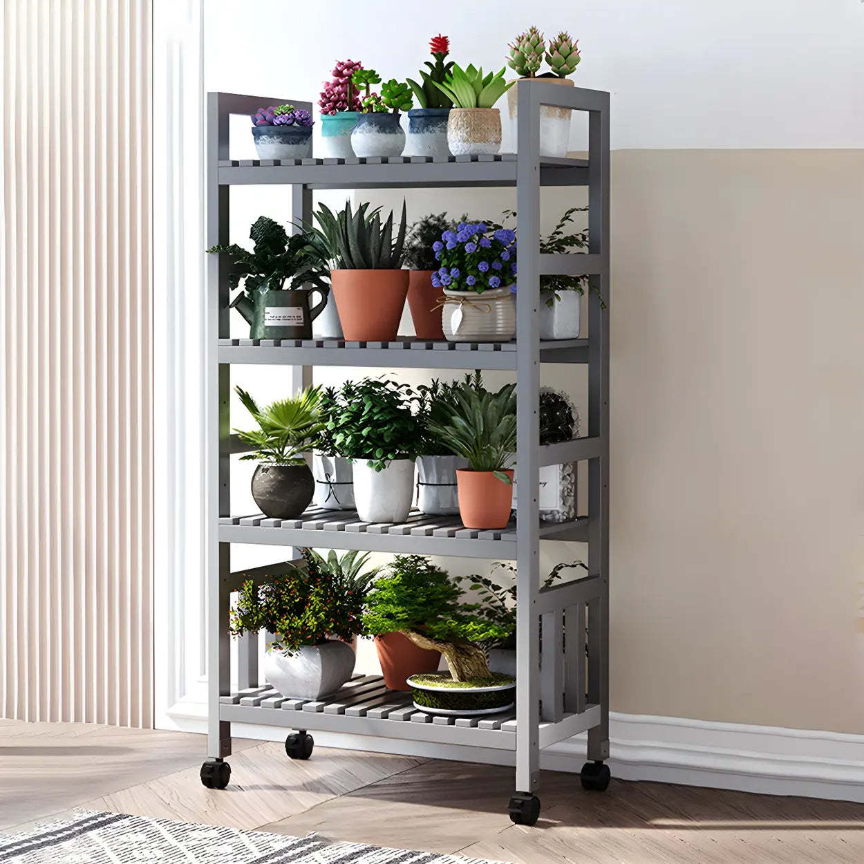 Wood Multi-Tier Plant Stand with Casters — Brown